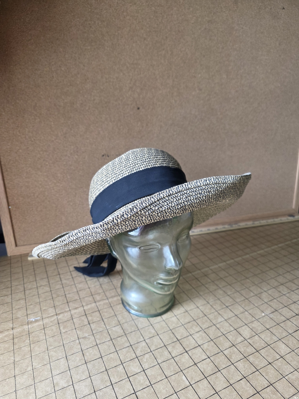 Nine West Wide Brim Straw Sun Hat w/ Navy Ribbon